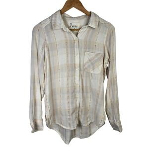 Mudd Women's Cream Plaid Long Sleeve Button Down Shirt with Gold Threads - M Y2K